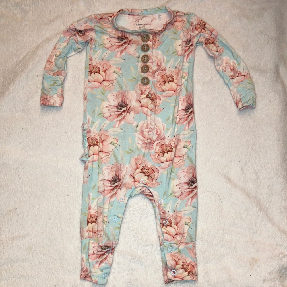 Posh Peanut “Kennedy” Pink Peony LS Ruffled Romper 3-6 months VGUC